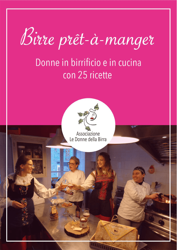 Copertina dell’eBook “Birre prêt-à-manger” dell’Associazione Le Donne della Birra, con quattro donne in cucina che brindano con birra artigianale e prodotti tipici.