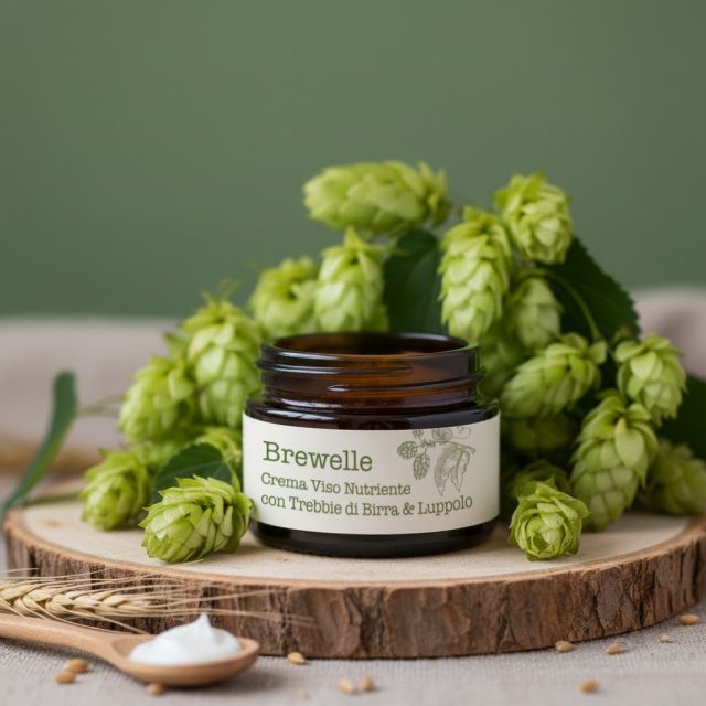 Vaso di crema viso Brewelle con ingredienti brassicoli come trebbie di birra e luppolo, ideale per cosmesi brassicola.